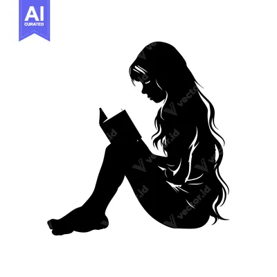 Aset desain premium: Silhouette of a Young Woman Sitting and Reading a Book