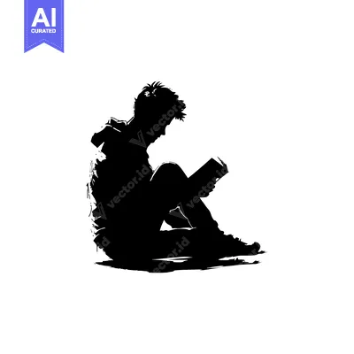 Aset desain premium: Silhouette of a Young Man Sitting and Reading a Book