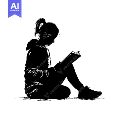 Aset desain premium: Silhouette of a Woman Reading a Book While Sitting on the Ground