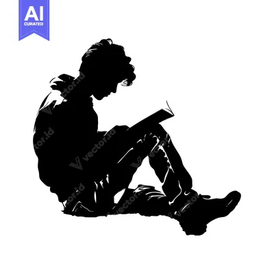 Aset desain premium: Silhouette of a Young Man Sitting and Reading a Book
