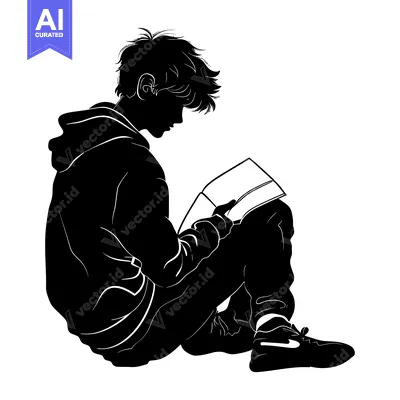 Aset desain premium: Silhouette of a Young Man Reading a Book