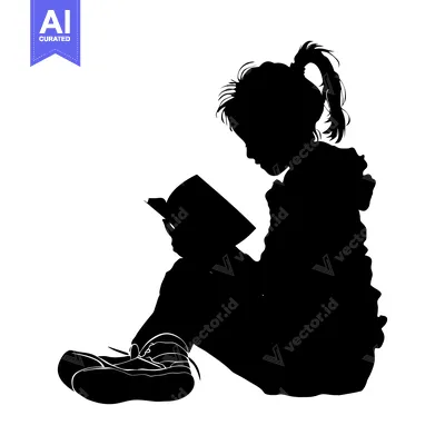 Aset desain premium: Silhouette of a Girl Sitting and Reading a Book