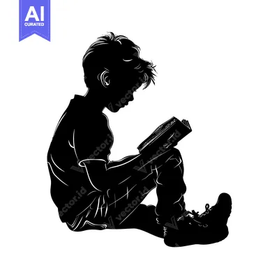 Silhouette of a young boy sitting and reading a book