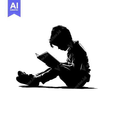 Aset desain premium: Silhouette of a Boy Sitting and Reading a Book