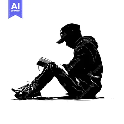 Aset desain premium: Silhouette of a Person Sitting and Reading a Book