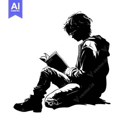 Aset desain premium: Silhouette of a Person Sitting and Reading a Book