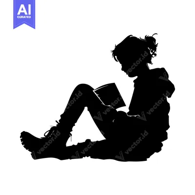 Premium design asset: Silhouette of a Young Girl Reading a Book While Seated