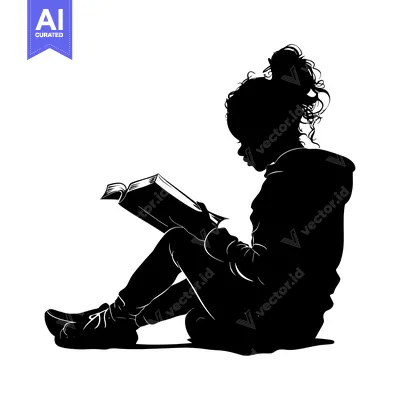 Premium design asset: Silhouette of a Young Girl Sitting and Reading a Book