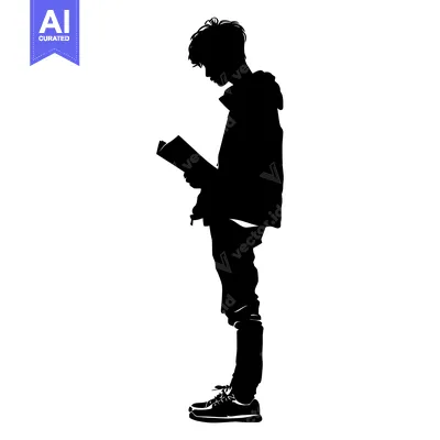 Aset desain premium: Silhouette of a young person reading a book
