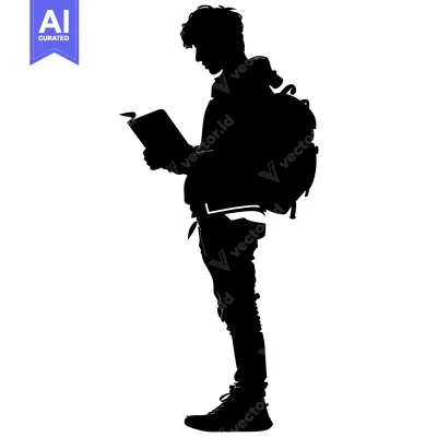 Aset desain premium: Silhouette of a Man Wearing a Backpack Reading a Book