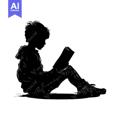 Aset desain premium: Silhouette of a Child Sitting and Reading a Book