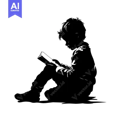 Aset desain premium: Silhouette of a Boy Sitting and Reading a Book