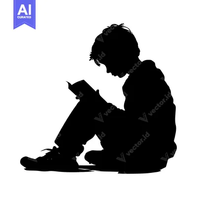 Aset desain premium: Silhouette of a Boy Sitting and Reading a Book