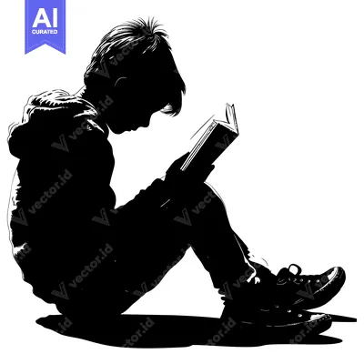 Aset desain premium: Silhouette of a Boy Sitting and Reading a Book