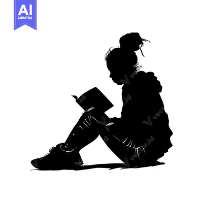 Aset premium populer: Silhouette of a Young Girl Sitting and Reading a Book