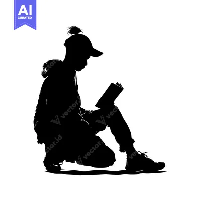 Silhouette of a Person Kneeling and Reading a Book