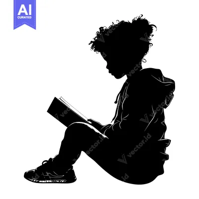 Aset premium populer: Silhouette of a young girl sitting on the floor reading a book