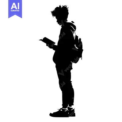 Aset desain premium: Silhouette of a young person with a backpack reading a book