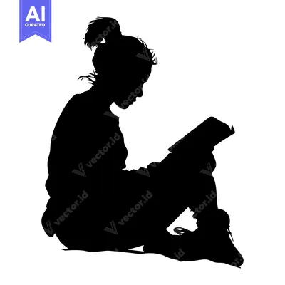 Aset desain premium: Silhouette of a Young Girl Sitting and Reading a Book