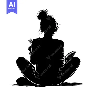 Aset desain premium: Silhouette of a woman sitting cross-legged, reading a book