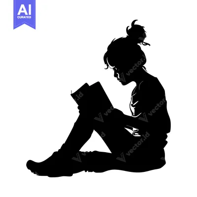 Aset desain premium: Silhouette of a Woman Sitting and Reading a Book