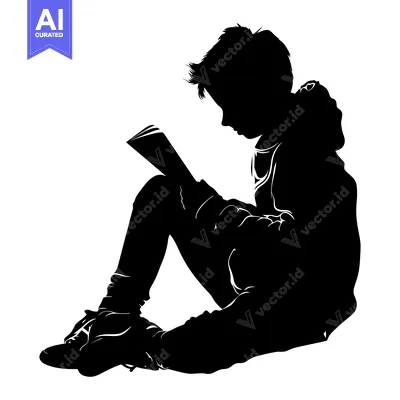 Aset desain premium: Silhouette of a Boy Sitting and Reading a Book