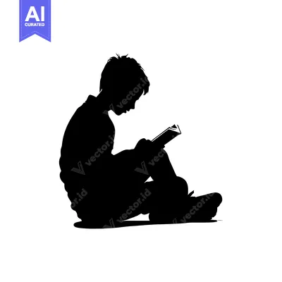 Aset desain premium: Silhouette of a Boy Sitting and Reading a Book