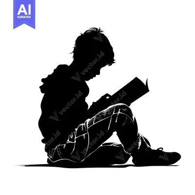 Premium design asset: Silhouette of a Young Person Sitting and Reading a Book