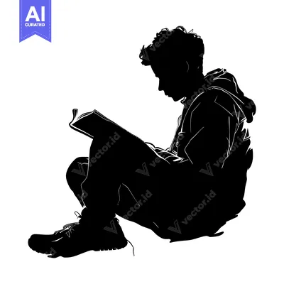 Premium design asset: Silhouette of a Young Man Sitting and Reading a Book