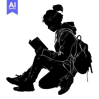 Silhouette of a Young Woman Reading a Book While Wearing a Backpack