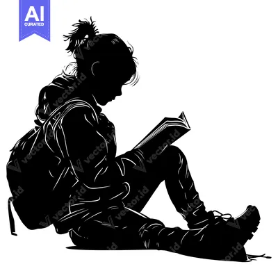 Aset premium populer: Silhouette of a girl sitting and reading a book with a backpack