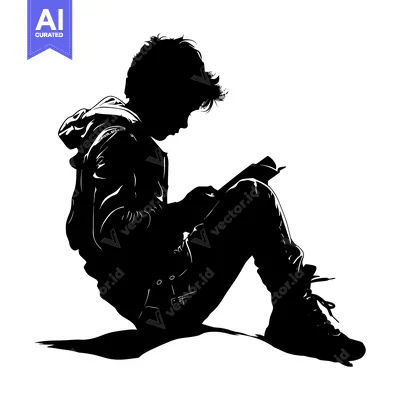 Premium design asset: Silhouette of a Young Person Sitting and Reading