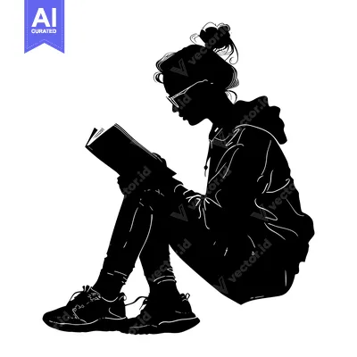 Aset desain premium: Silhouette of a Woman Reading a Book While Sitting on the Ground