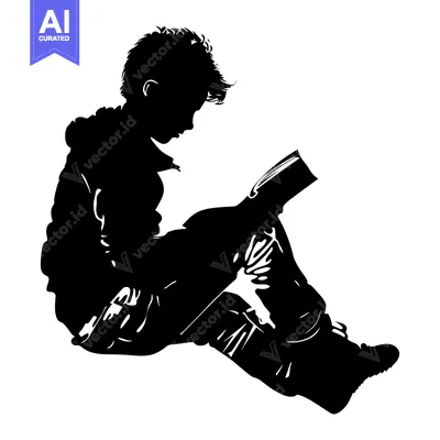 Aset desain premium: Silhouette of a young person sitting and reading a book