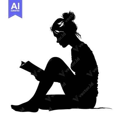 Aset desain premium: Silhouette of a Woman Reading a Book While Sitting Down