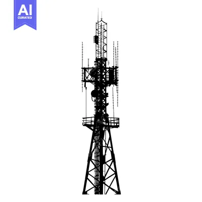 Silhouette of a tall radio tower with multiple antennas