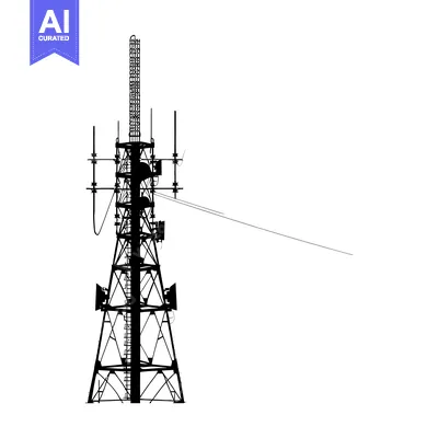 Silhouette of a Tall Communication Tower with Antennas and Cables