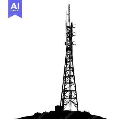 Black and White Silhouette of a Tall Communication Tower with Antennas