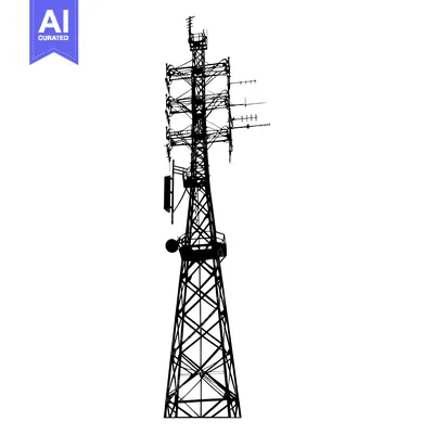 Black and White Silhouette of a Tall Metal Communication Tower with Mu