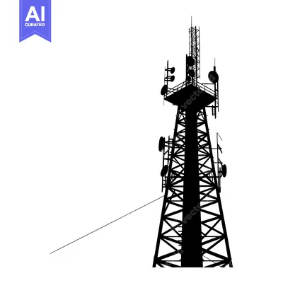 Aset desain premium: Silhouette of a Tall Communication Tower with Multiple Antennas