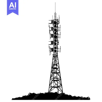 Silhouette of a tall radio tower with multiple antennas and a ladder
