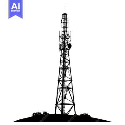 Aset desain premium: Silhouette of a Tall Communication Tower with Antennas and a Dish