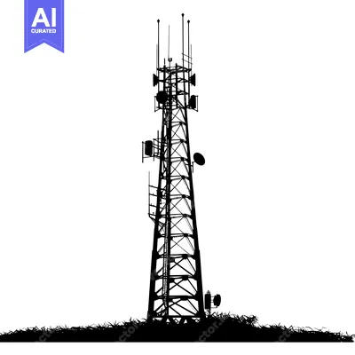 Silhouette of a Tall Communication Tower with Antennas and a Satellite