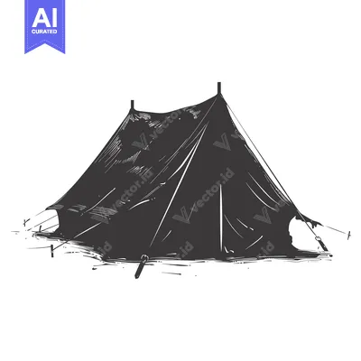Aset premium populer: Hand-drawn illustration of a black tent with stakes