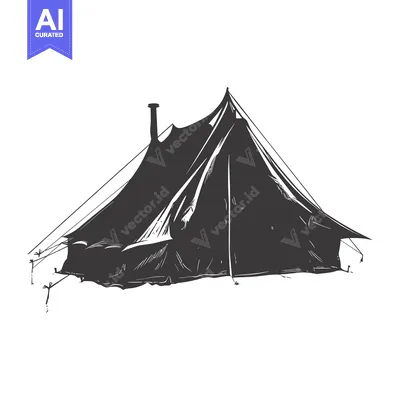 Aset desain premium: Hand-drawn black and white illustration of a pitched tent with a chimn