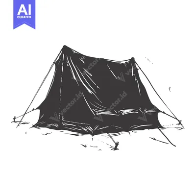 Aset desain premium: A Black and White Sketch of a Tent with Ropes and Stakes