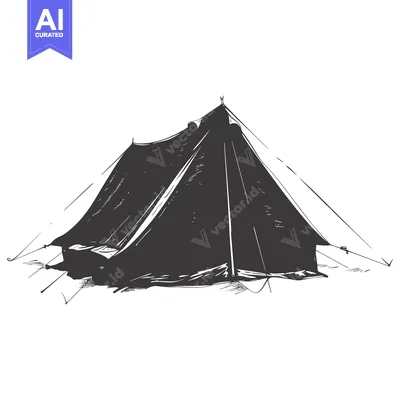 Aset premium populer: Hand-drawn sketch of a black camping tent with ropes