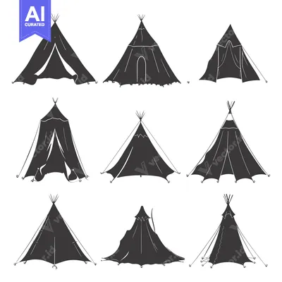 Aset desain premium: Nine Black Silhouettes of Teepees in Various Styles