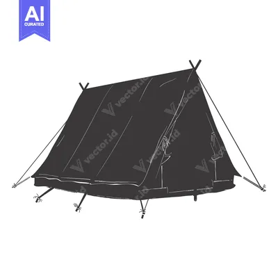 Premium design asset: A black and white illustration of a simple camping tent.