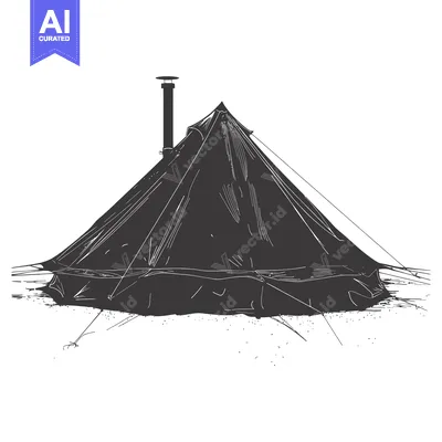 Aset desain premium: A black and white sketch of a tent with a chimney